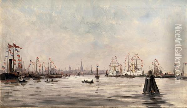 Festivities In The Amsterdam Harbour Oil Painting - Charles Lapostolet