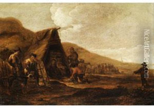 Hugellandschaft Mit Strohhutte Und Figurenstaffage Oil Painting - Cornelis de Bie