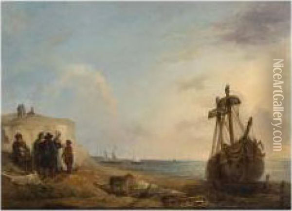 Fisherfolk By A Beached Boat Oil Painting - Wijnandus Johannes Josephus Nuijen