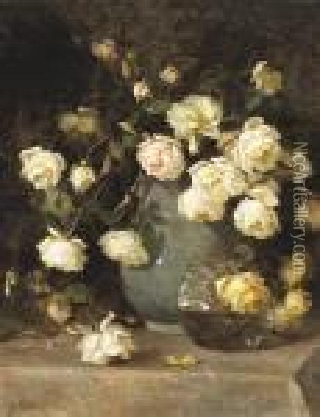 White Roses And Glass Vases Oil Painting - Edith White
