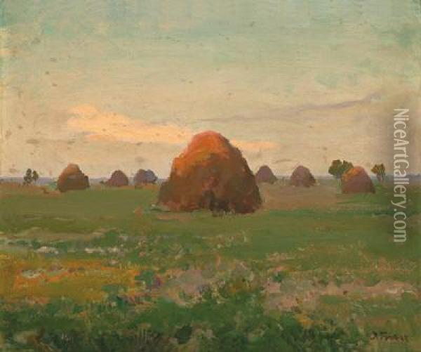 Hayricks In An Open Landscape Oil Painting - Iwan Trusz