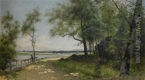Sommarlandskap Med Vag Vid Vatten Oil Painting - Arvid Mauritz Lindstroem