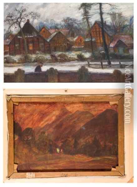 Wintertag - Blick Uber Die Fischerhuder Kirchhofsmauer (+ Landschaft Aus Dem Allgau, Verso) Oil Painting - Otto Modersohn
