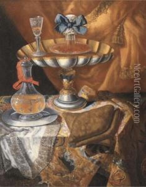 A Wine Glass On A Silver-gilt Tazza, With A Glass Jug On A Drapedtable, By A Curtain Oil Painting - Maximillian Pfeiler