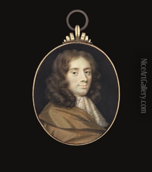 A Young Gentleman, In Brown Silk Cloak, White Lace Cravat, Long Curling Brown Hair Oil Painting - Charles Beale