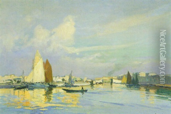 Segelboote Vor Einer Sudlandischen Stadt Oil Painting - Henri Alphonse Barnoin