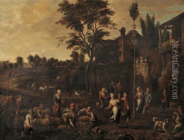 Peasants Dancing Outside A Village Gate Oil Painting - David The Younger Teniers