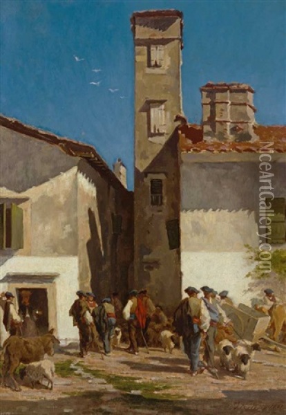 Viehmarkt In Einem Sudlichen Stadtchen. Malerisches Genre Oil Painting - Pierre-Edmond-Alexandre Hedouin