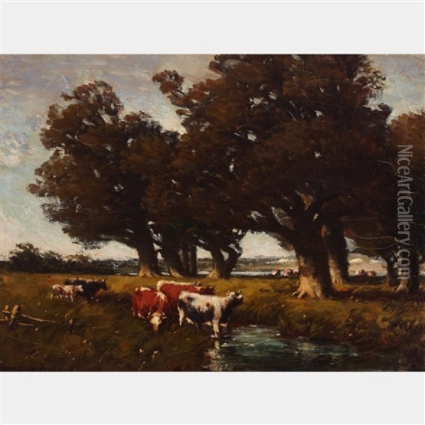 Watering Cattle, Morning Oil Painting - Homer Ransford Watson