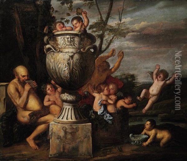 A Bacchanalian Scene With Pan An Putti Pressing Grapes - An Allegory Of Autumn Oil Painting - Karel Philips Spierincks