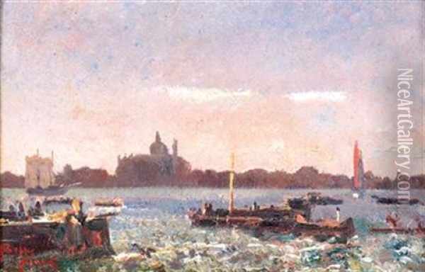 Venice, In The Background With Santa Maria Della Salute Oil Painting - Beppe Ciardi