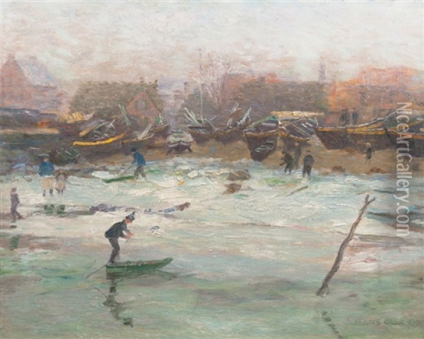 Winter On The Shore Of Ellerbek In Kiel Oil Painting - Hans (Johann Wilhelm) Olde