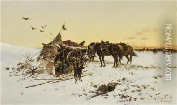 Winter Campsite Oil Painting - Jozef Brandt
