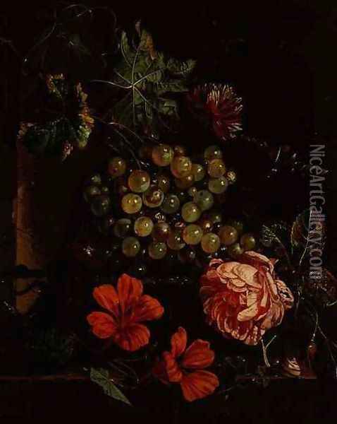Grapes and flowers with beetle, snail and lizard Oil Painting - Cornelis De Heem