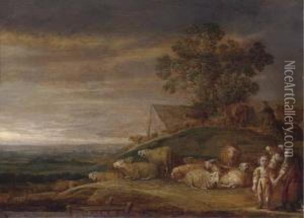 A River Landscape With A Shepherd, His Family And Flock Oil Painting - Frans, Francois Ryckhals