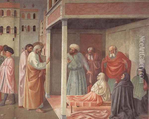 Healing of the Cripple and Raising of Tabatha (right view) Oil Painting - Tommaso Masolino (da Panicale)