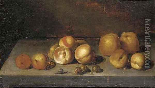 Apples, peaches, walnuts and a snail on a stone ledge Oil Painting - Bartholomeus Assteyn