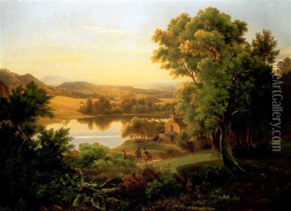 Romantikus Taj Toval (romantic Landscape With A Lake) Oil Painting - Georg Koebel