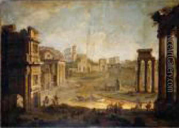 Rome, A View Of The Campo Vaccino Oil Painting - Antonio Joli