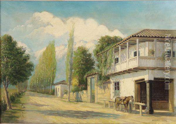 Hacienda On Tree Lined Road Oil Painting - Albert Lobos