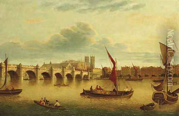 Westminster Bridge with the Palace and Abbey beyond Oil Painting - English School