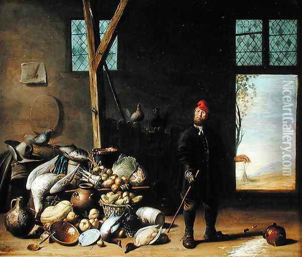 Peasant in an Interior or, Kitchen with a Still Life Oil Painting - Harmen van Steenwyck