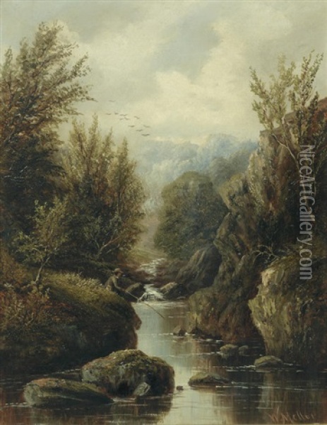 Fishing On A River, North Wales Oil Painting - William Mellor