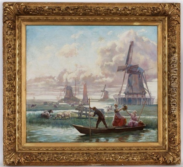 Paysage De Campagne Hollandais Avec Paysans Et Animaux Oil Painting - Paul Henri Breham
