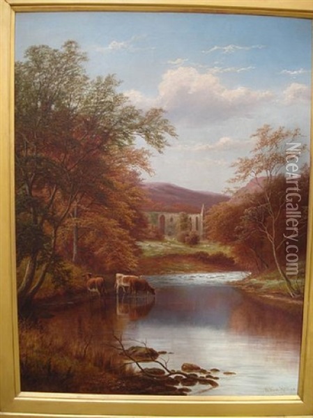 Bolton Abbey, On The Wharfe, Yorkshire, Autumn Oil Painting - William Mellor