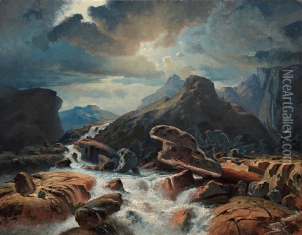 Flowing River Through Rocky Mountains Oil Painting - Marcus Larsson