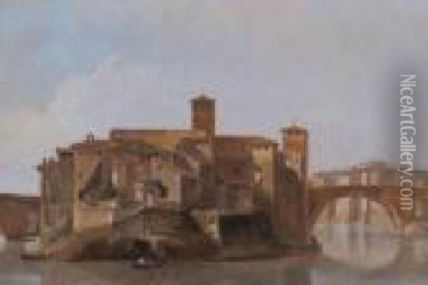 Vue Du Tibre Depuis Le Ponte 
Rotto Vers L'ile Tiberina Avec Lemonastere De San Bartolomeo, A Rome Oil Painting - Jean-Baptiste-Camille Corot