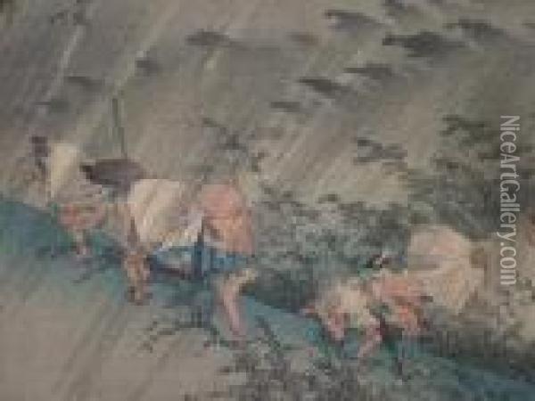 Three Stations Of The Tokaido Oil Painting - Utagawa or Ando Hiroshige