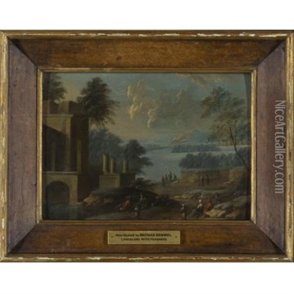 River Landscape With Villagers (+ Another, Similar; Pair) Oil Painting - Johann Christoph Von Bemmel