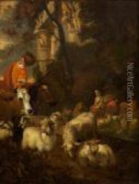 Rastende Hirten Vorromischer Tempelruine Im Abendlicht Oil Painting - Nicolaes Berchem