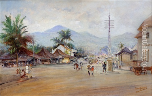 Javanese Village Square With Market Sellers And Horse-drawn Carriages Oil Painting - Frans Bakker