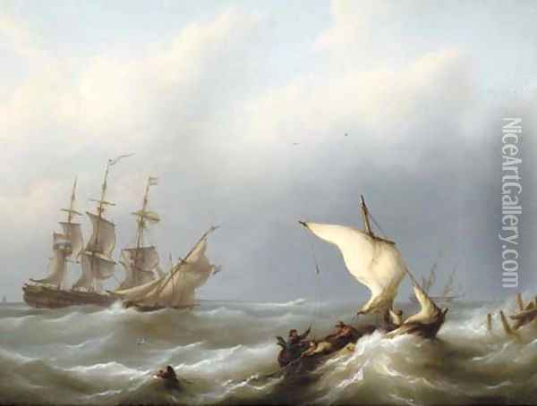 Dutch shipping offshore in a heavy swell, the merchantman flying her identification number 43 Oil Painting - Martinus Schouman