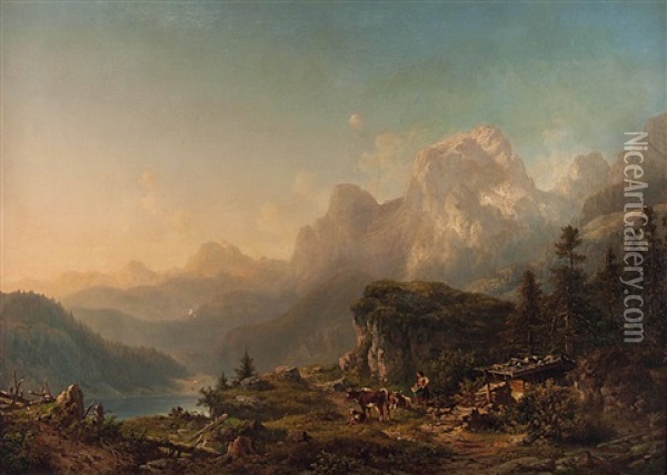 Panoramablick Von Einem Hochplateau Auf Den Hintersee In Der Bayerischen Ramsau Oil Painting - Johann Nepomuk Ott