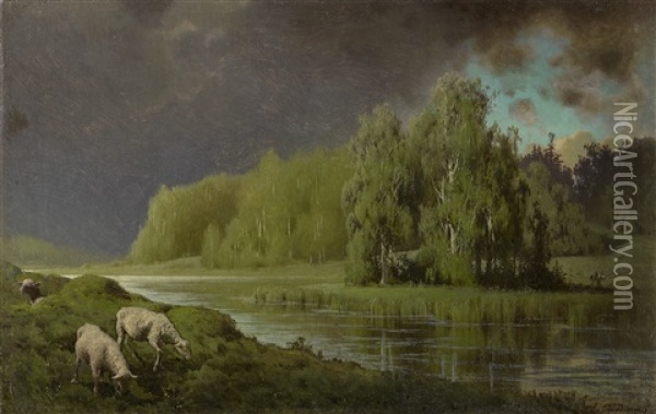 Approaching Storm, Sheep On A River Bank Oil Painting - Petr Alexanderovich Sukhodol'sky