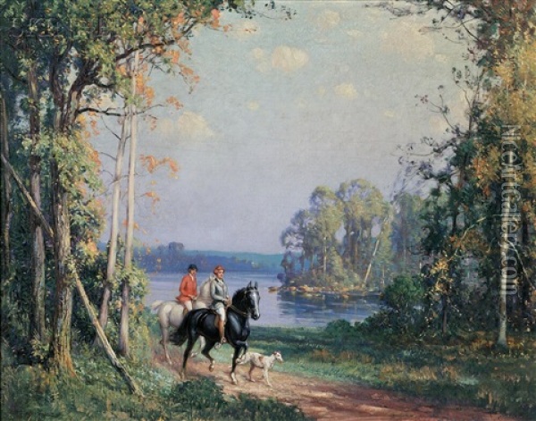 Two Women Equestrians In A Landscape Oil Painting - Frederick Mortimer Lamb