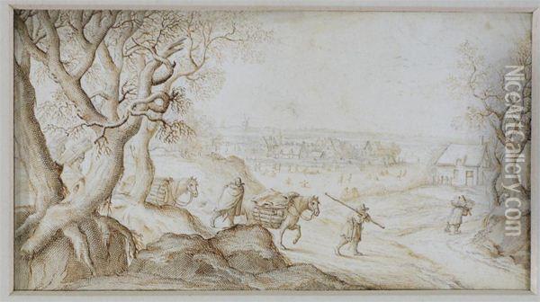 A Flemish Landscape With Travellers Oil Painting - Anthonie, Anton Crussens