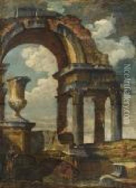 A 
Capriccio 
Of Roman Ruins 
Oil On Canvas Oil Painting - Giovanni Niccolo Servandoni