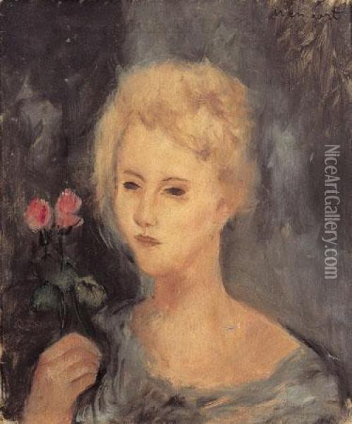 Woman Holding Two Roses Oil Painting - Joachim Weingart