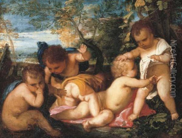 Putti Cavorting In A Landscape Oil Painting - Tiziano Vecellio (Titian)