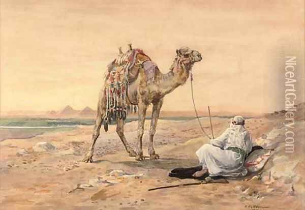 A Bedouin and his camel resting before going down to the Gates of Cairo Oil Painting - Nellie Hadden