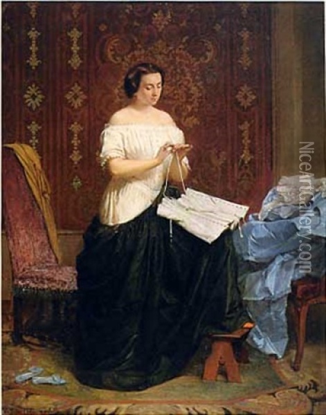La Jeune Femme Au Corset (collaboration With Felix Dufourmentelle) Oil Painting - Jules Joseph Lefebvre