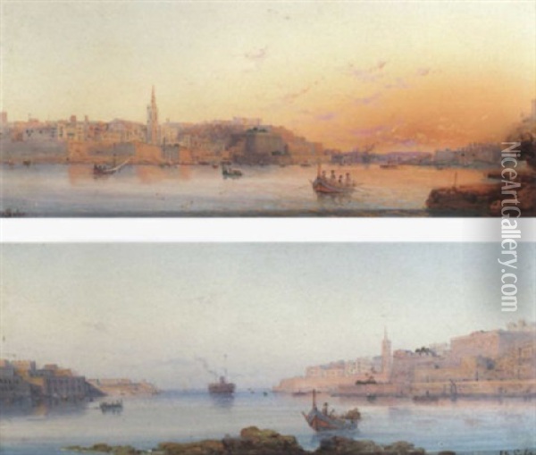 The Grand Harbour, Valetta, Early Morning Oil Painting - Luigi Maria Galea
