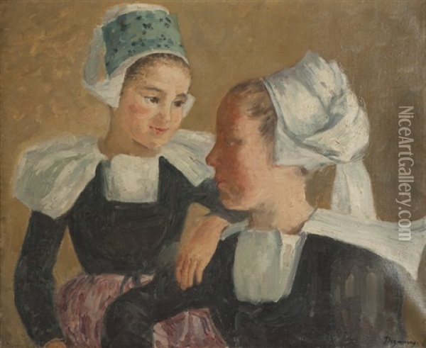Mere Bretonne Et Sa Fille Oil Painting - Emile Alfred Dezaunay