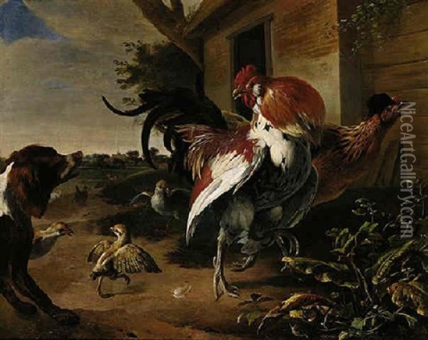 Bantams Startled By A Spaniel In A Farmyard Setting, A Church Spire Beyond Oil Painting - Melchior de Hondecoeter