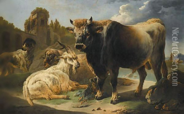 A Rocky Landscape With A Bull, Goat, Ram And Sheepdog Before A Set Of Ruins, A Shepherd And Flock Beyond Oil Painting - Philipp Peter Roos