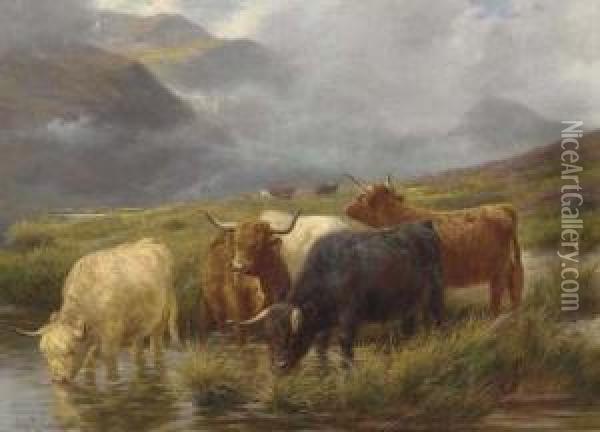 Highland Cattle Watering Oil Painting - Claude Cardon